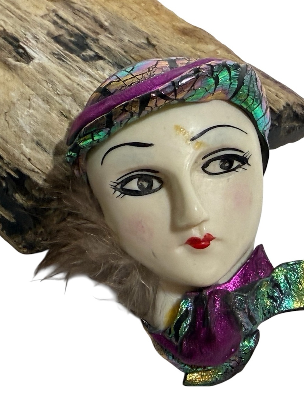 Vintage Art Deco Lady Brooch Oil Slick Color Cloche & Scarf Harlequin Flapper